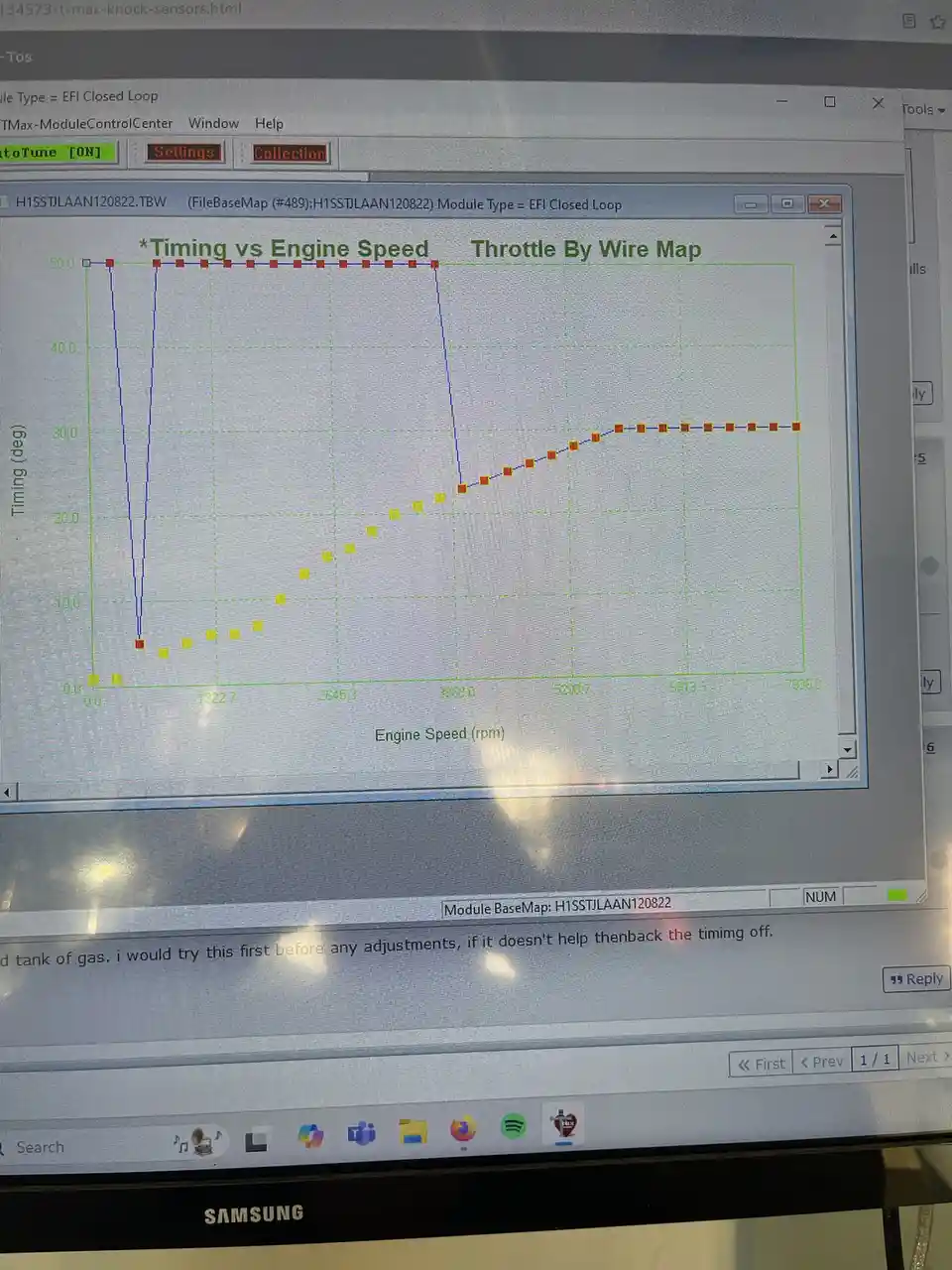 A screenshot of a computer monitor displaying a graph titled 'Timing vs Engine Speed' and 'Throttle By Wire Map' from a…