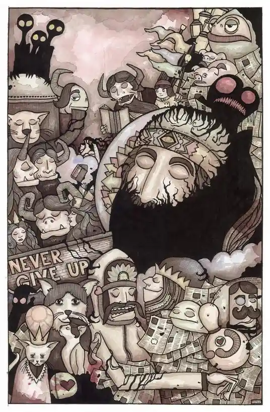 A surreal, densely packed illustration features a large, serene, bearded face with closed eyes at the center, surrounded by…
