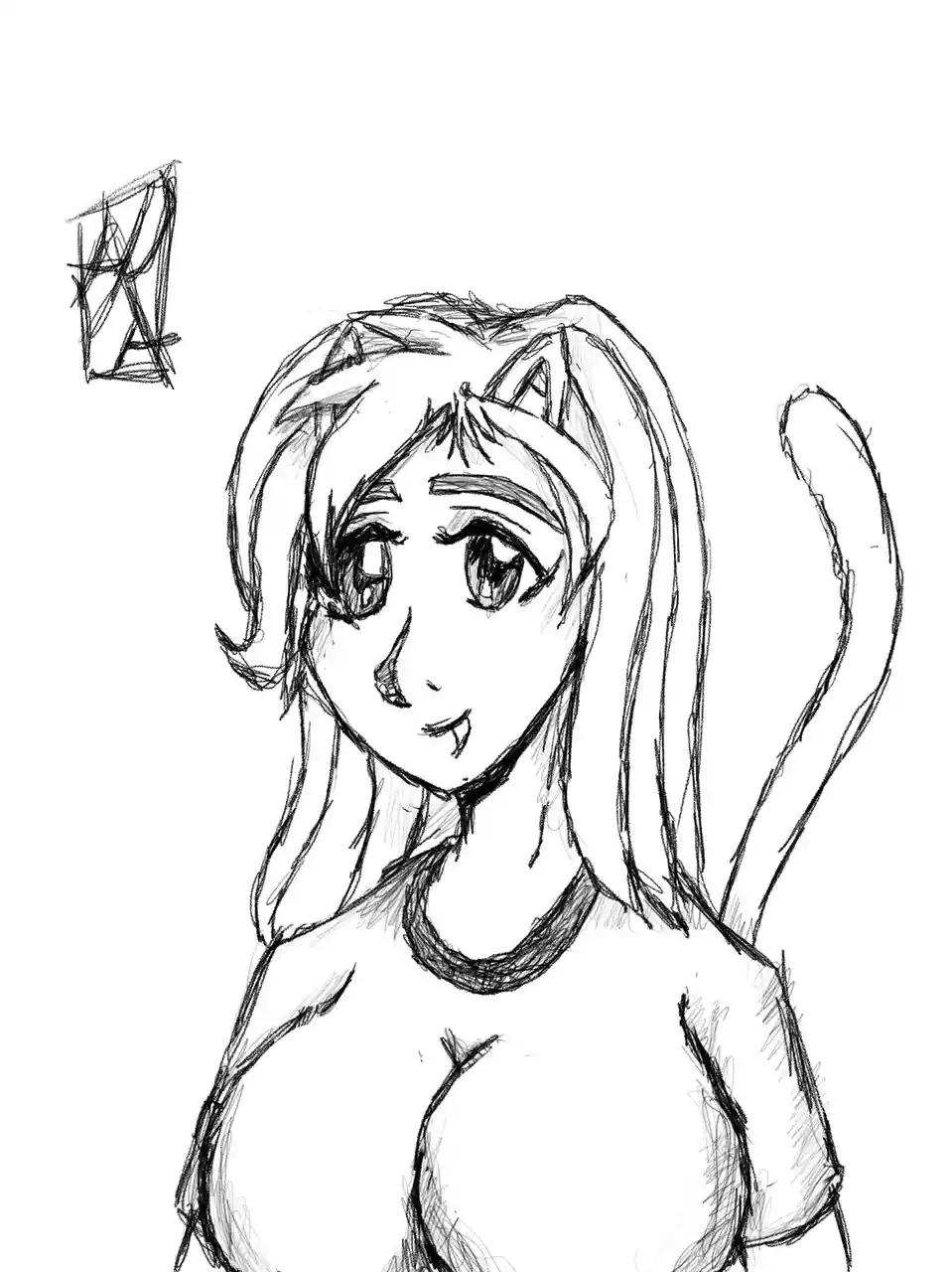 A rough black-and-white sketch depicts an anime-style female character with cat ears and a tail, looking slightly upward…