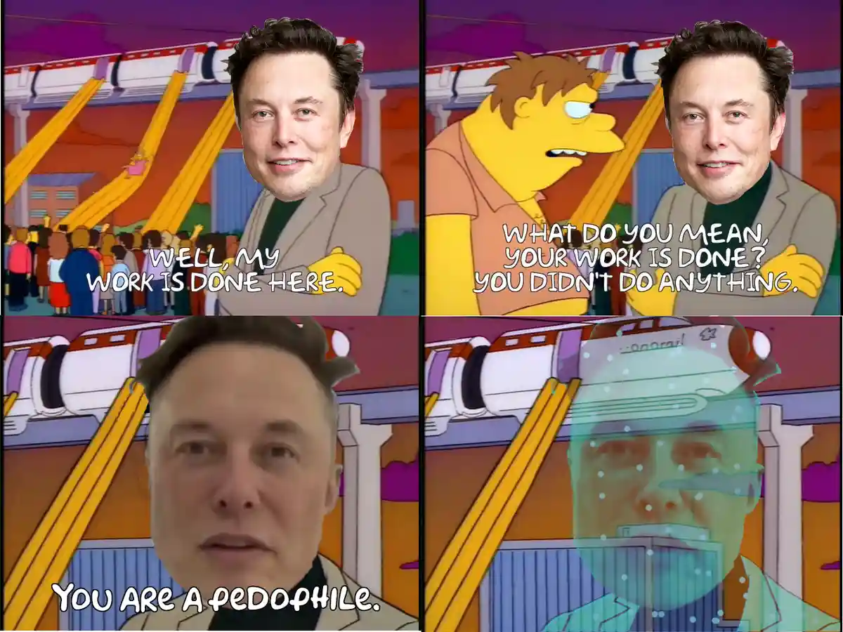 This four-panel meme features Elon Musk's face superimposed onto characters from The Simpsons. In the first panel, Musk says…