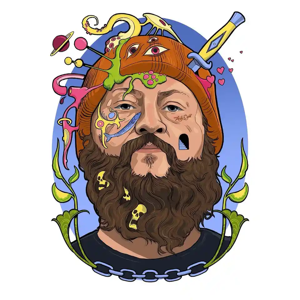 A cartoon illustration of a man with a brown beard and orange beanie, surrounded by surreal elements like floating planets…