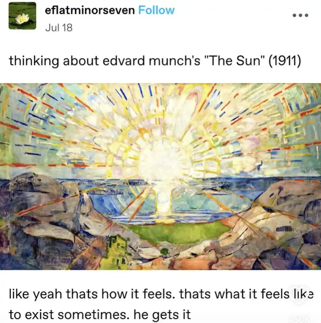 The image displays Edvard Munch's 1911 painting 'The Sun,' featuring a radiant, explosive sun with jagged rays over a…