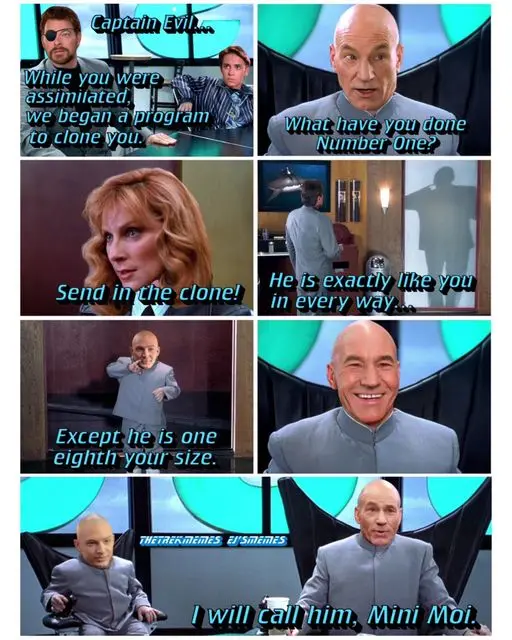 A six-panel meme from Star Trek: The Next Generation, showing Captain Picard and Number One reacting to a clone of Picard…