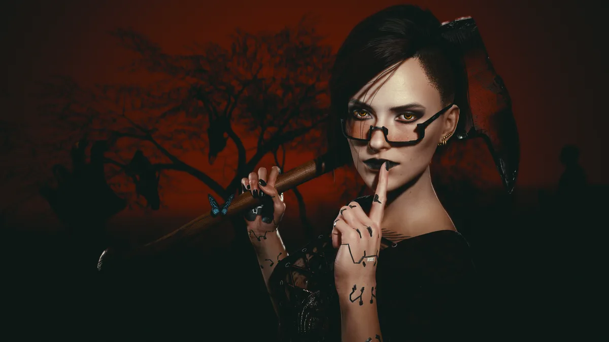 A woman with dark hair, glasses, and yellow eyes holds an axe over her shoulder while making a 'shhh' gesture with her…