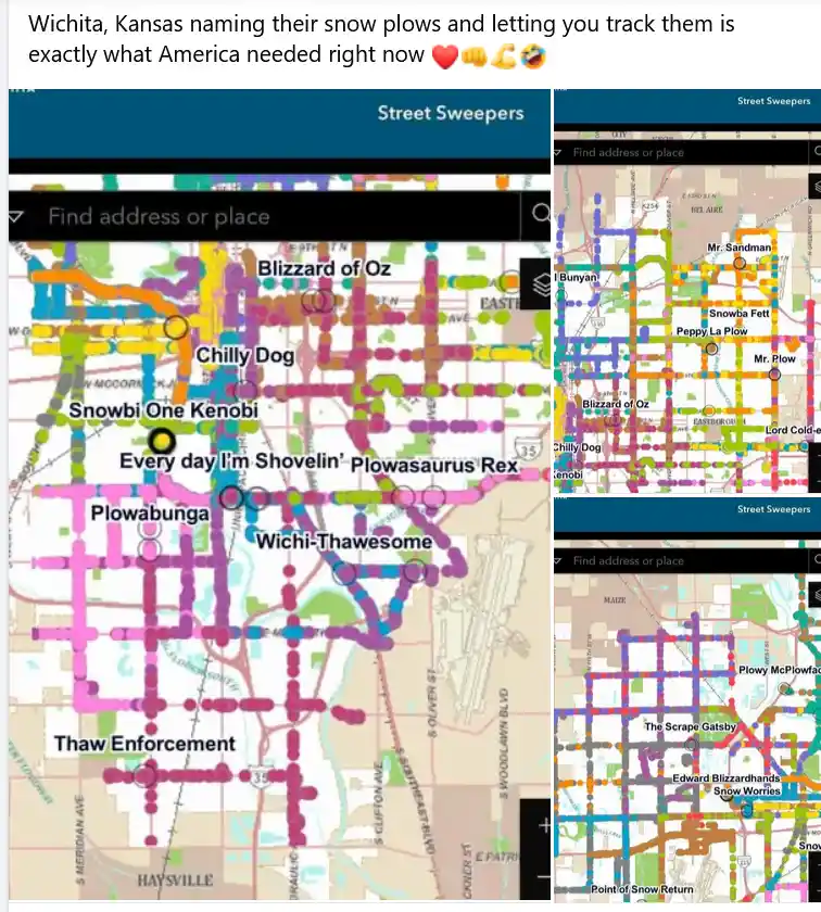 A screenshot of a map app showing snow plow routes in Wichita, Kansas, with plows named after pop culture and puns like…