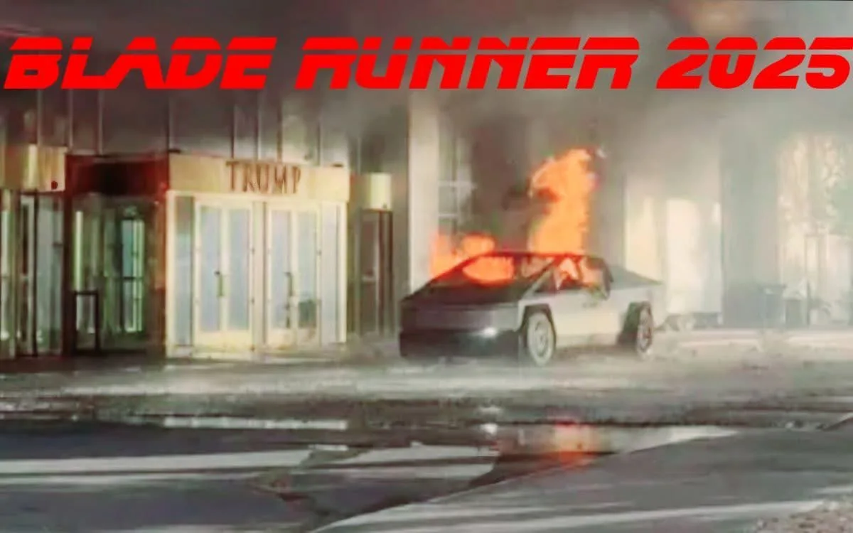A car is on fire in front of a building with a sign that reads 'TRUMP'. The image is overlaid with the text 'BLADE RUNNER…