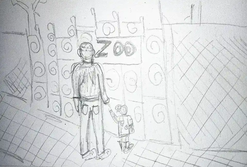 A childlike pencil sketch depicts an adult and a small child standing before an ornate gate with a sign that reads 'ZOO'…