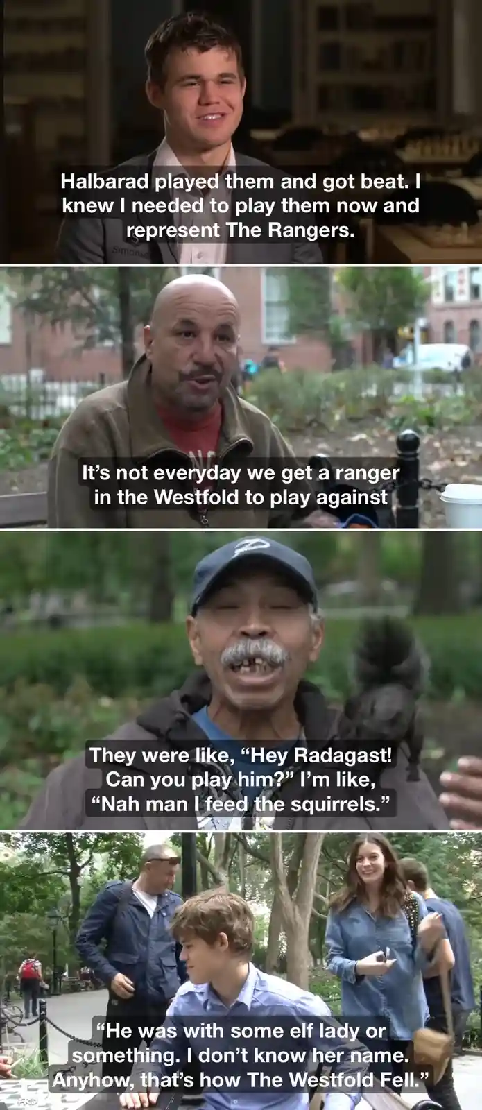 A four-panel meme featuring different people in public settings, each with overlaid text that humorously misinterprets or…