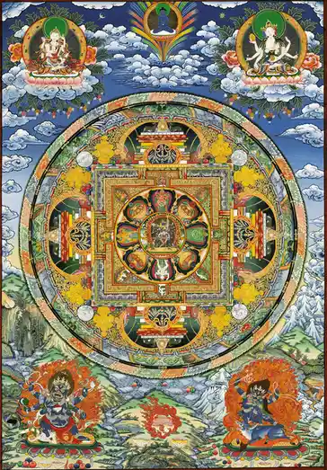 A highly detailed, colorful Tibetan Buddhist mandala painting featuring a central deity surrounded by concentric geometric…