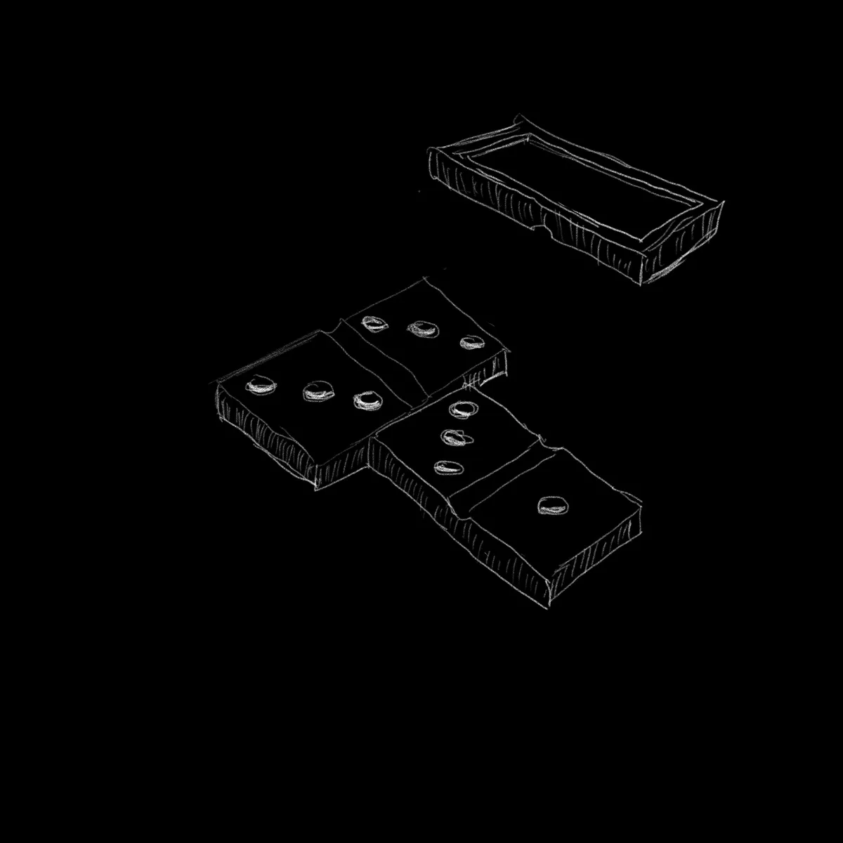 A black-and-white sketch shows four rectangular dominoes arranged in a staggered, three-dimensional layout against a black…