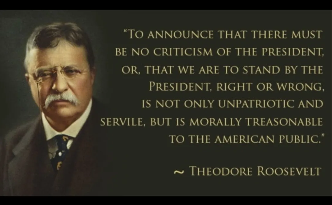 A vintage portrait of Theodore Roosevelt, wearing glasses and a suit, is overlaid with a quote attributed to him about the…