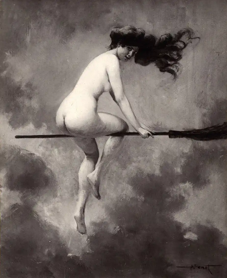 A black-and-white painting depicts a nude woman with flowing dark hair riding a broomstick through clouds, looking back over…