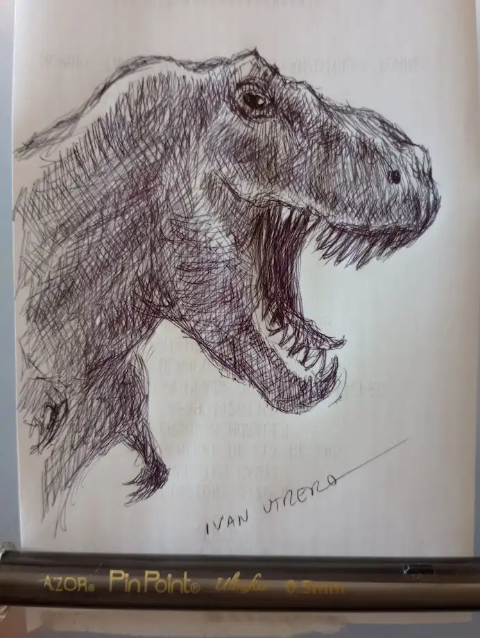 A detailed pencil sketch of a roaring Tyrannosaurus Rex head and upper torso, drawn with dense cross-hatching on textured…