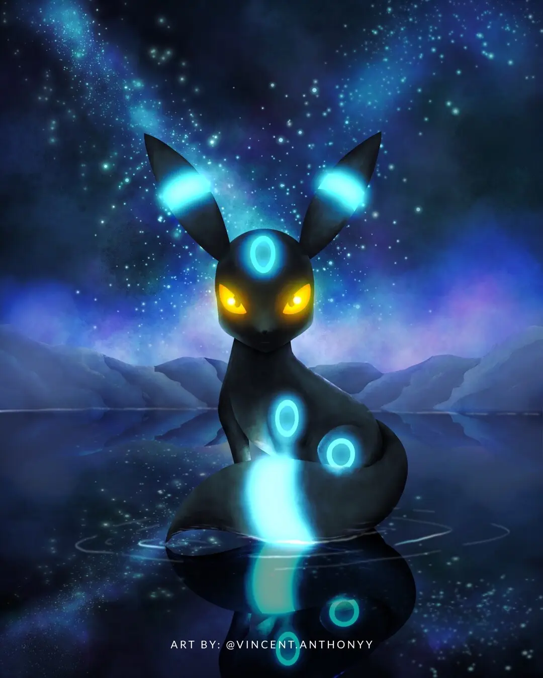 A dark, rabbit-like Pokémon with glowing blue rings on its ears, forehead, and body, and bright yellow eyes, sits in a…