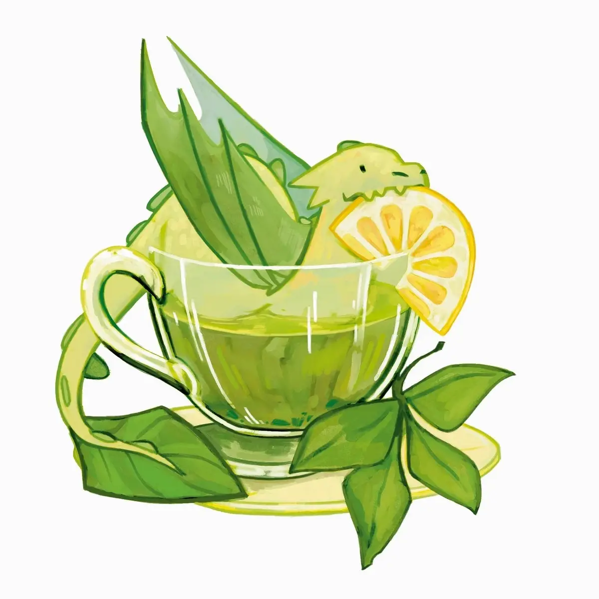A cute, cartoon-style green dragon is depicted emerging from a glass teacup filled with green tea, holding a lemon slice in…