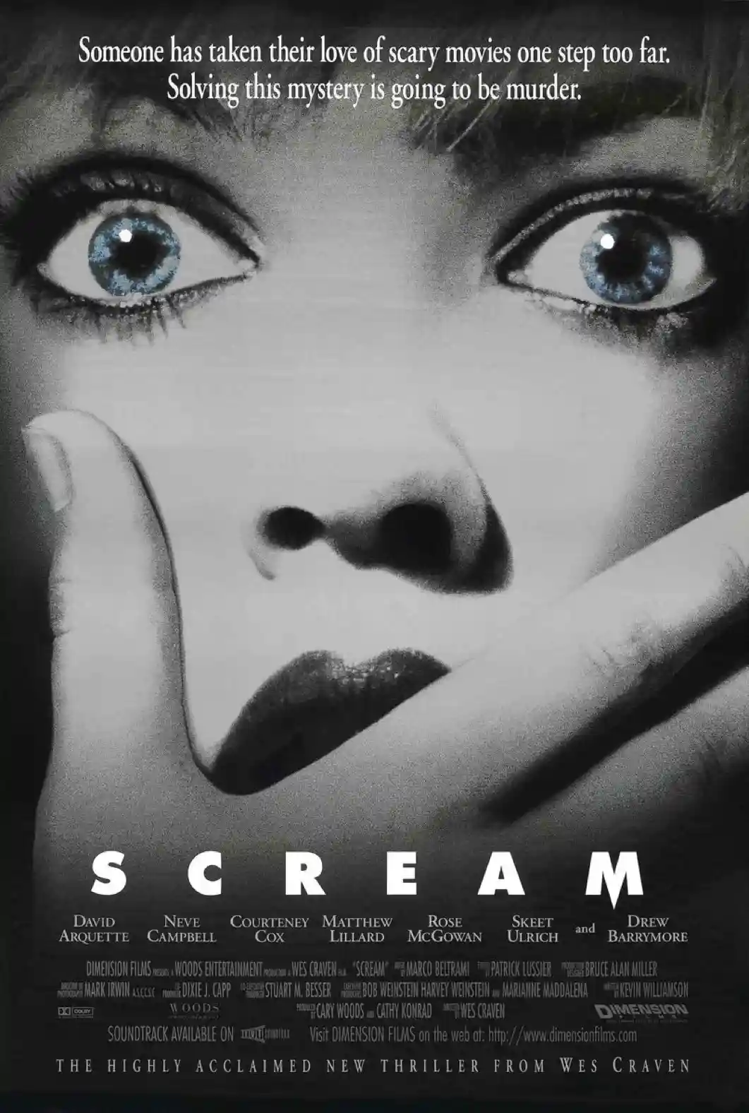 A black-and-white movie poster for 'Scream' featuring a close-up of a woman's face with wide, terrified blue eyes and her…
