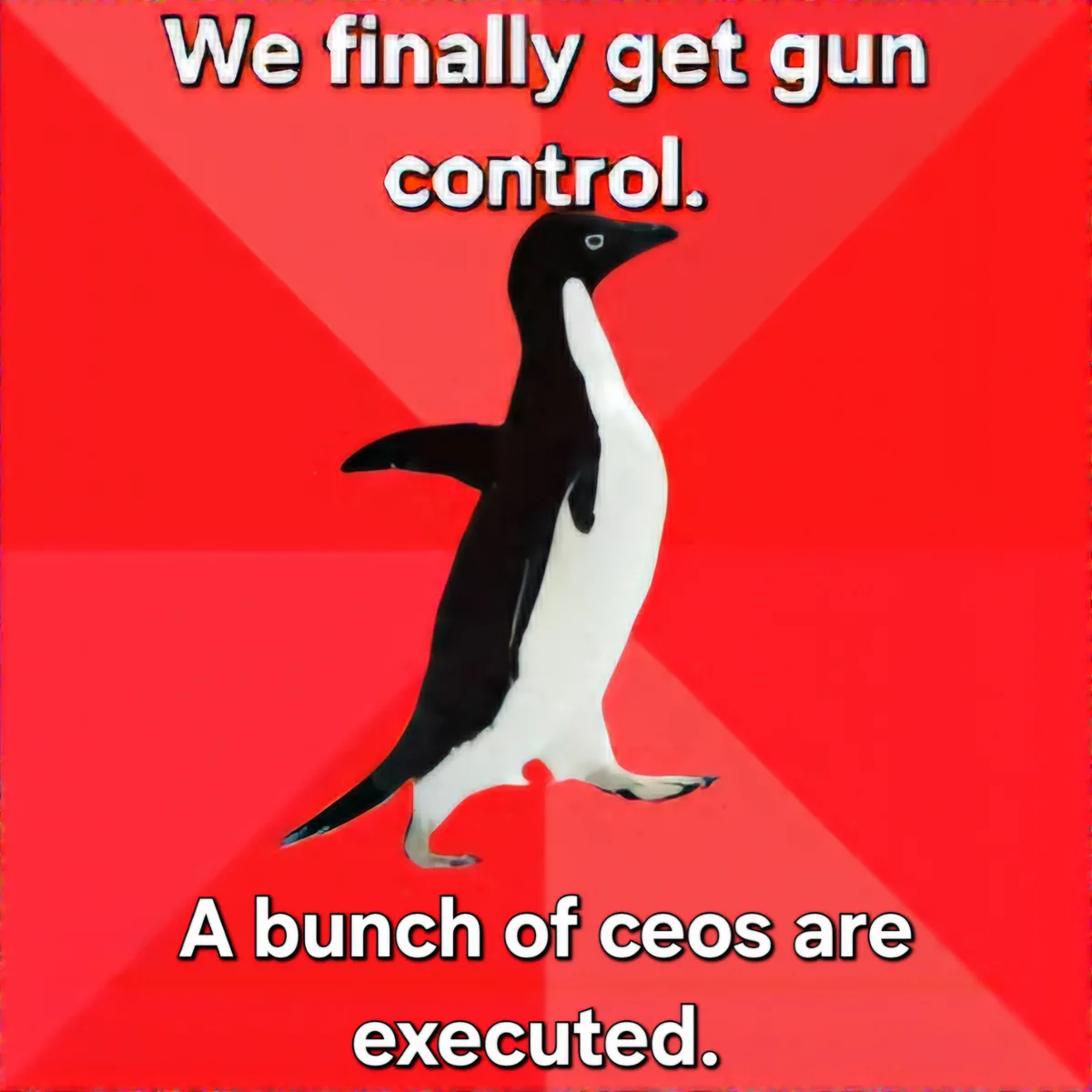 A black-and-white penguin walks against a red background with diagonal stripes. White text at the top reads 'We finally get…