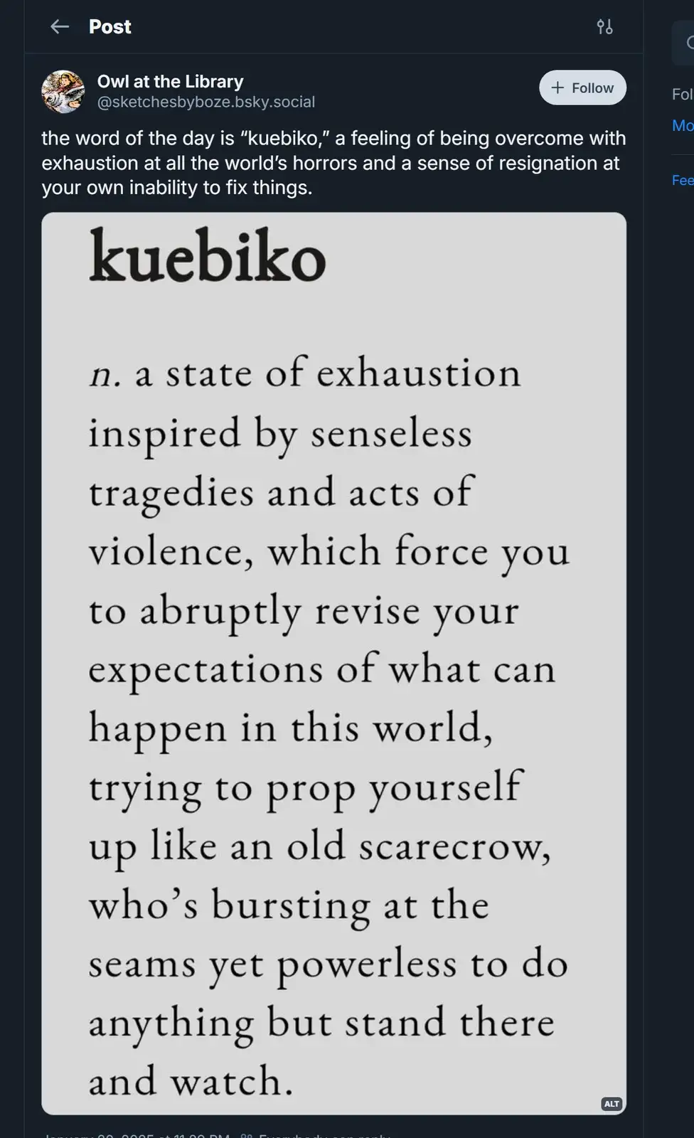 The image displays a social media post featuring a definition for the word 'kuebiko,' described as a state of exhaustion…
