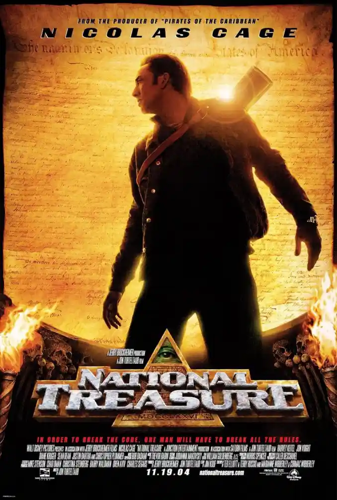 A movie poster for 'National Treasure' featuring Nicolas Cage in a dark coat, standing with a glowing lantern on his…