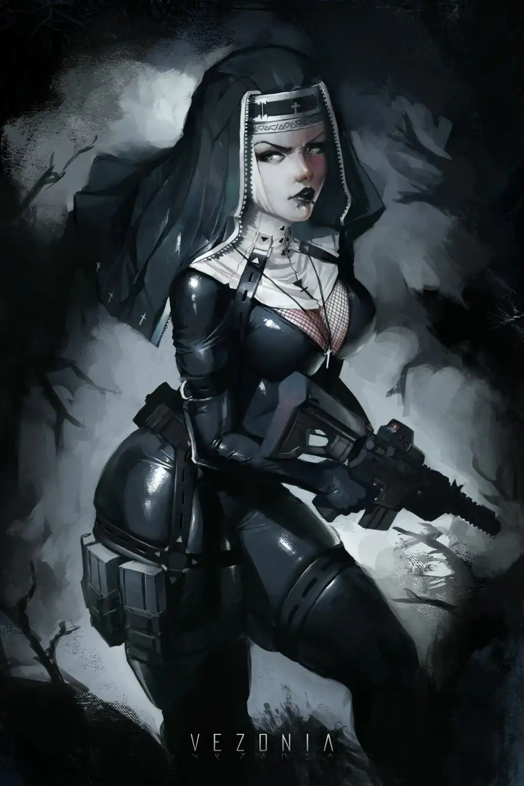 A dark, stylized illustration of a female character dressed as a nun, but wearing tactical gear including a black leather…