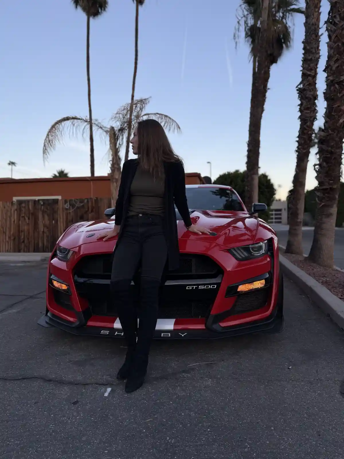 A woman in black clothing stands confidently with her hands on the hood of a red Shelby GT500 muscle car, set against a…