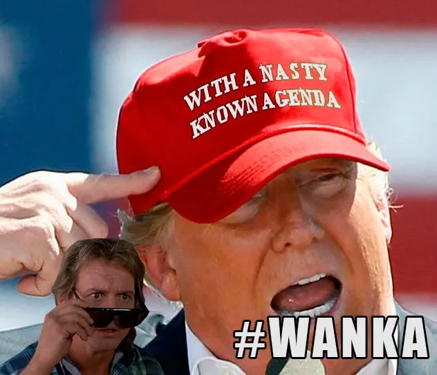 A close-up image of Donald Trump wearing a red cap that reads 'WITH A NASTY KNOWN AGENDA' while a hand points to his head…