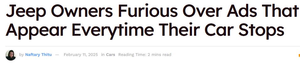 The image displays a screenshot of a news article headline in large, bold black text reading 'Jeep Owners Furious Over Ads…