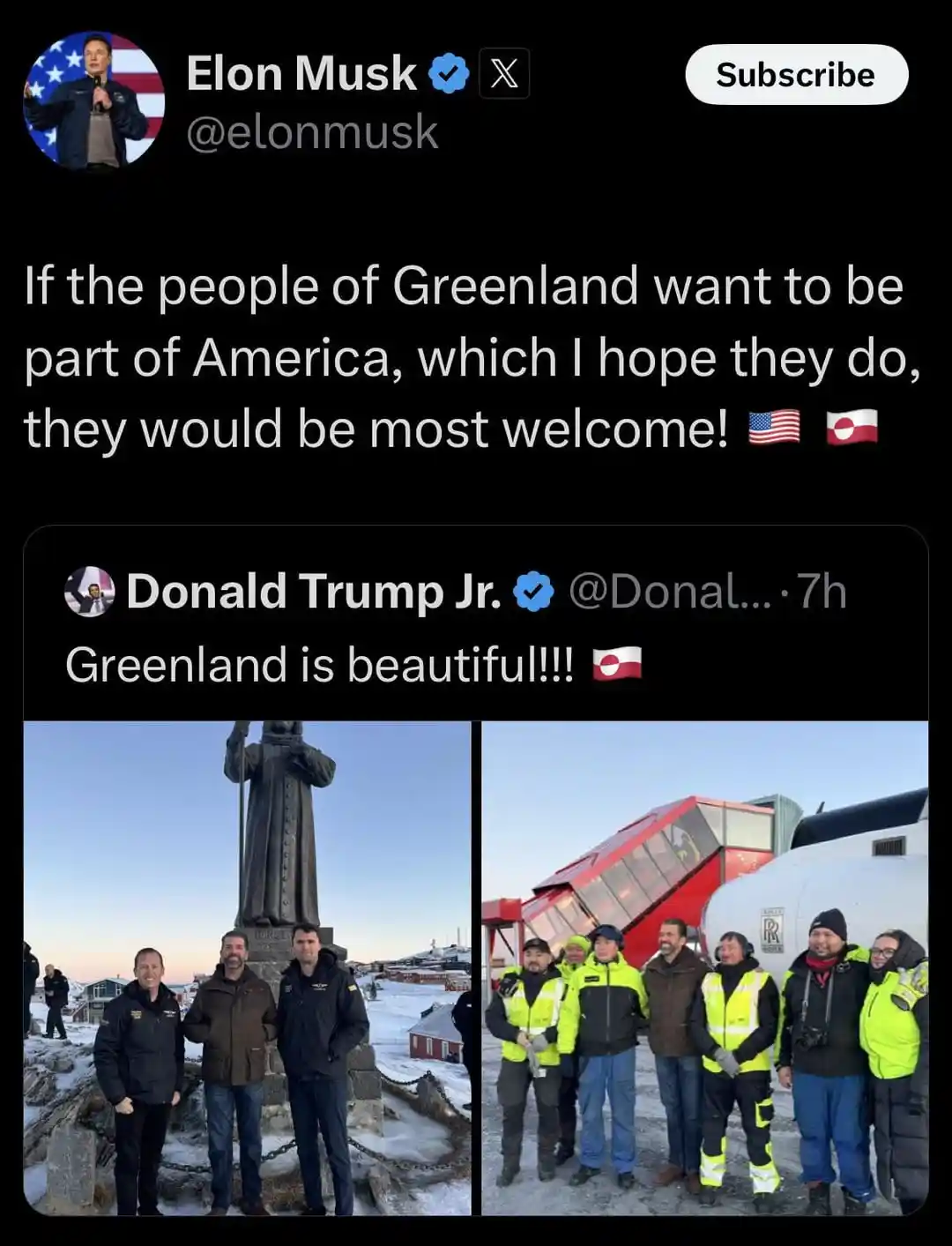 A screenshot of an Elon Musk X post showing his tweet about welcoming Greenland to America, followed by a reply from Donald…