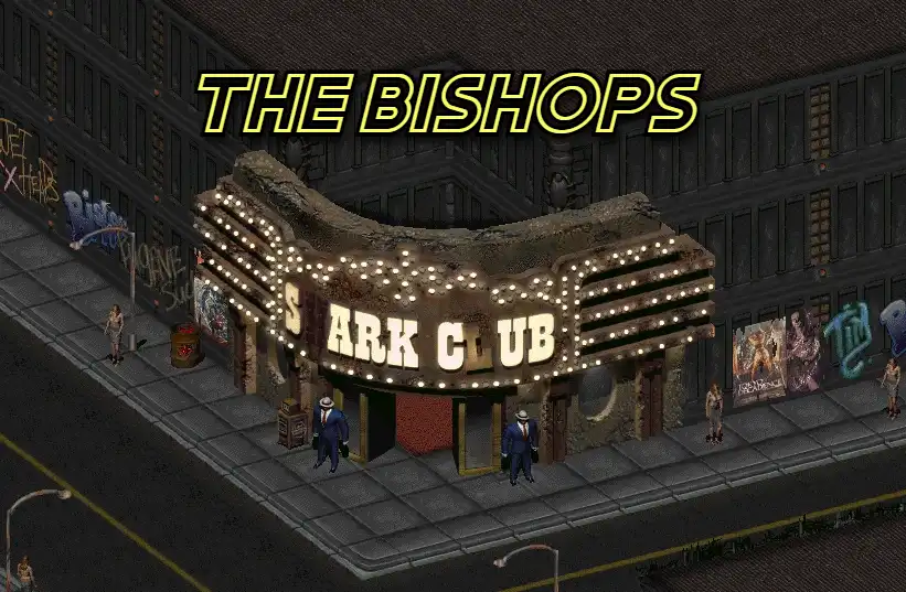 A screenshot from the video game 'Fallout 2' shows the exterior of 'Sark Club,' a dilapidated, neon-lit nightclub with a…