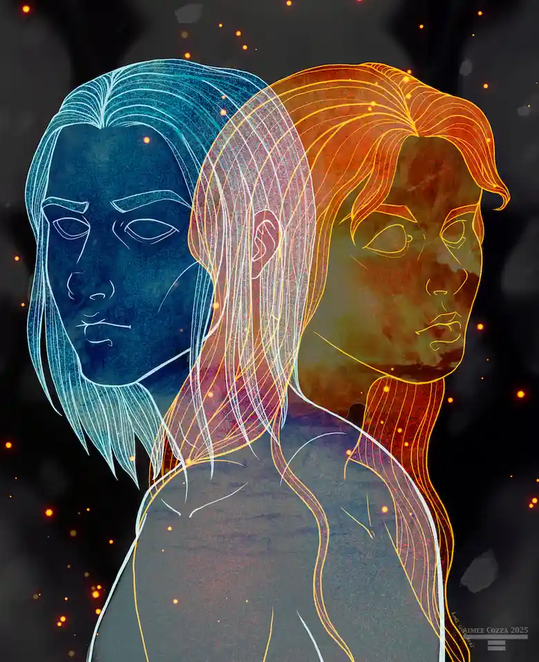 The image shows two stylized, semi-transparent human figures facing opposite directions, one rendered in cool blue tones and…