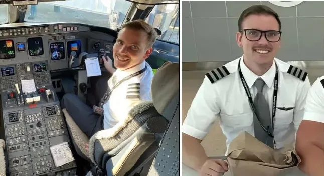 The image is a split-screen showing a pilot in two different settings. On the left, he is seated in the cockpit of an…