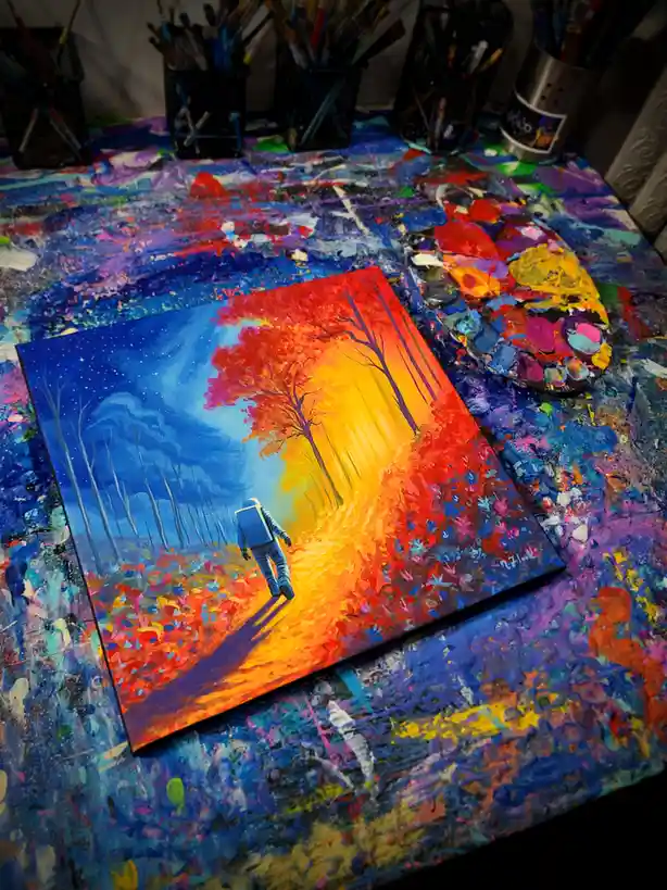 A vibrant painting of an astronaut walking down a glowing orange path through a colorful forest under a starry blue sky…