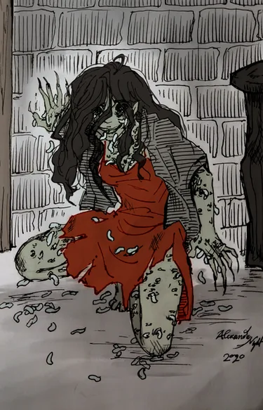 A hand-drawn illustration depicts a zombie-like figure with long dark hair, greenish-grey decaying skin, and clawed hands…