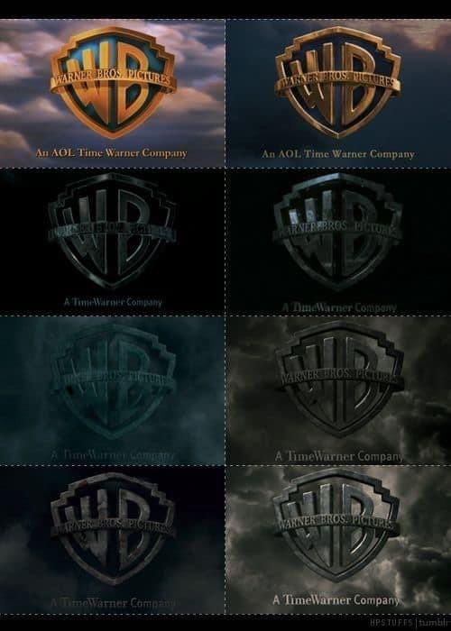 The image displays eight panels of the Warner Bros. Pictures logo, arranged in a 2x4 grid, each showing a different version…