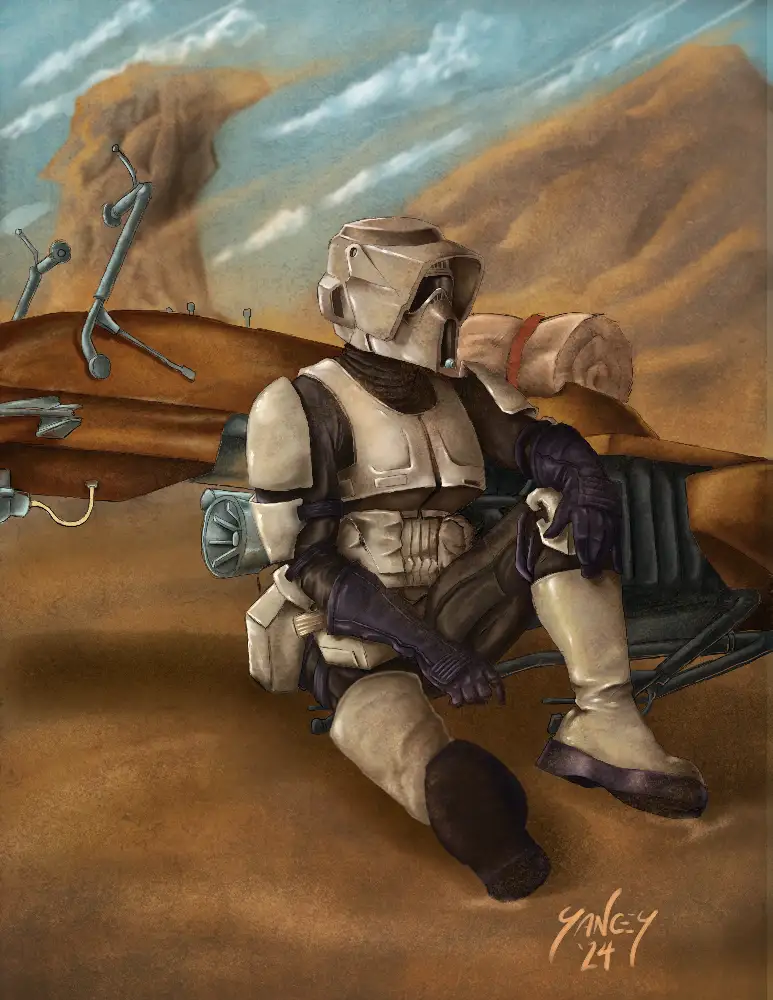 A Star Wars clone trooper sits slumped in a broken, overturned vehicle in a desert landscape, appearing exhausted or…