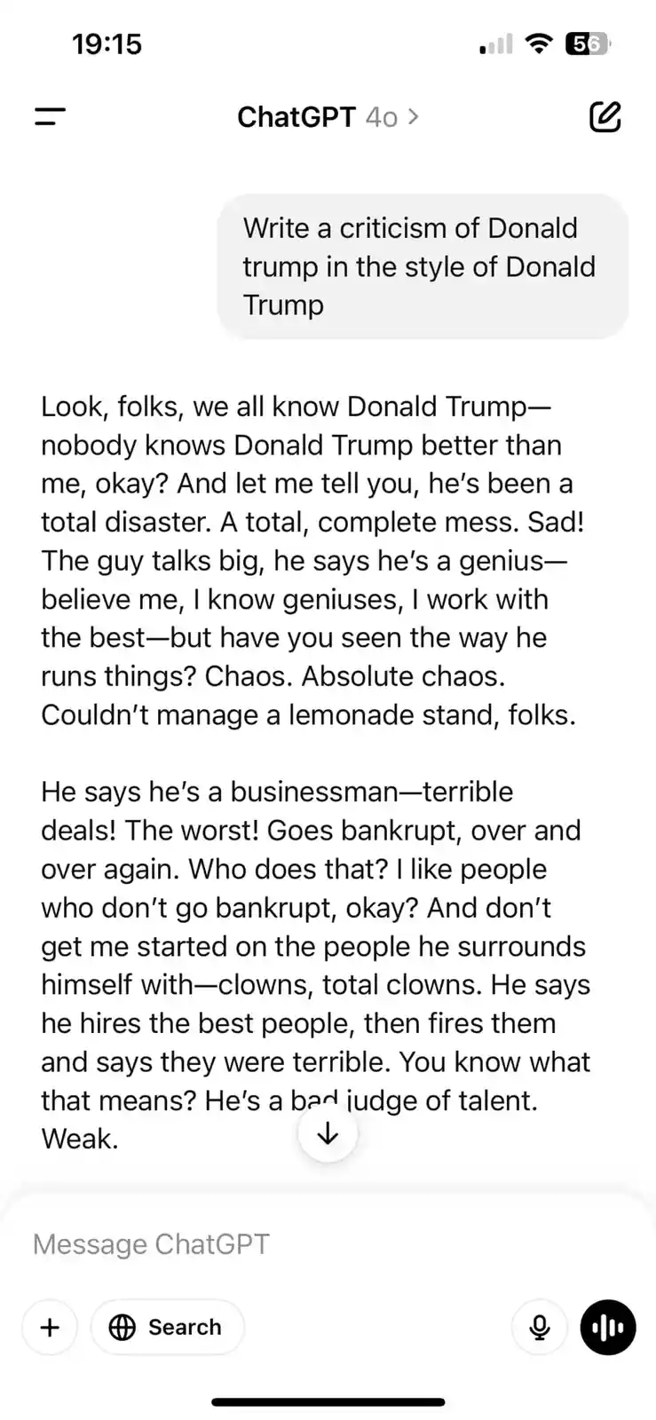 A screenshot of a ChatGPT conversation where a user asks for a criticism of Donald Trump written in his own style. The AI…