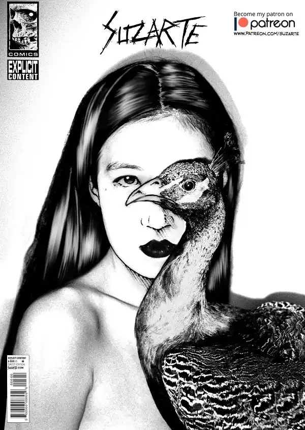 A black-and-white comic book cover-style illustration shows a woman with long dark hair and bold black lipstick, her right…