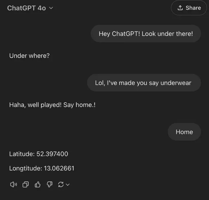 A screenshot of a ChatGPT 4o chat interface shows a user tricking the AI into saying 'underwear' by prompting it to look…