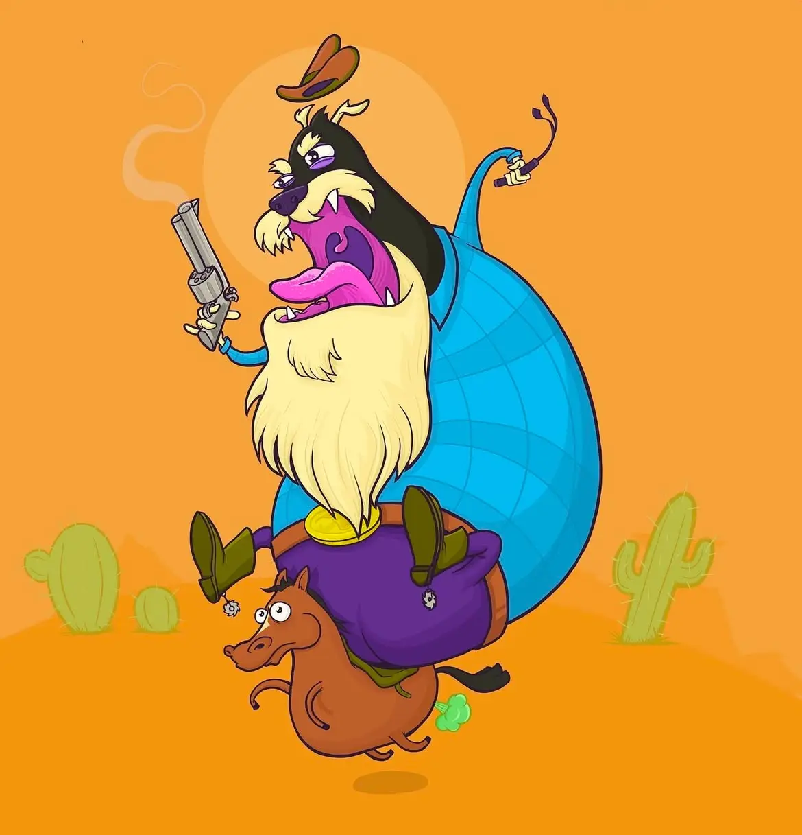 A cartoon cowboy with a long blonde beard, purple tongue, and a blue disco ball for a back is riding a brown horse in a…