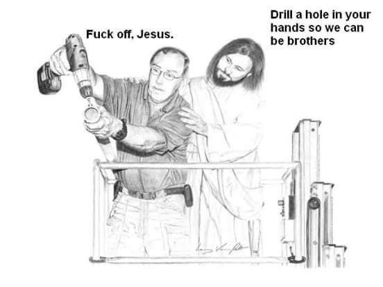 A black-and-white sketch shows a man in work clothes holding a power drill, aiming it at Jesus, who stands beside him. The…