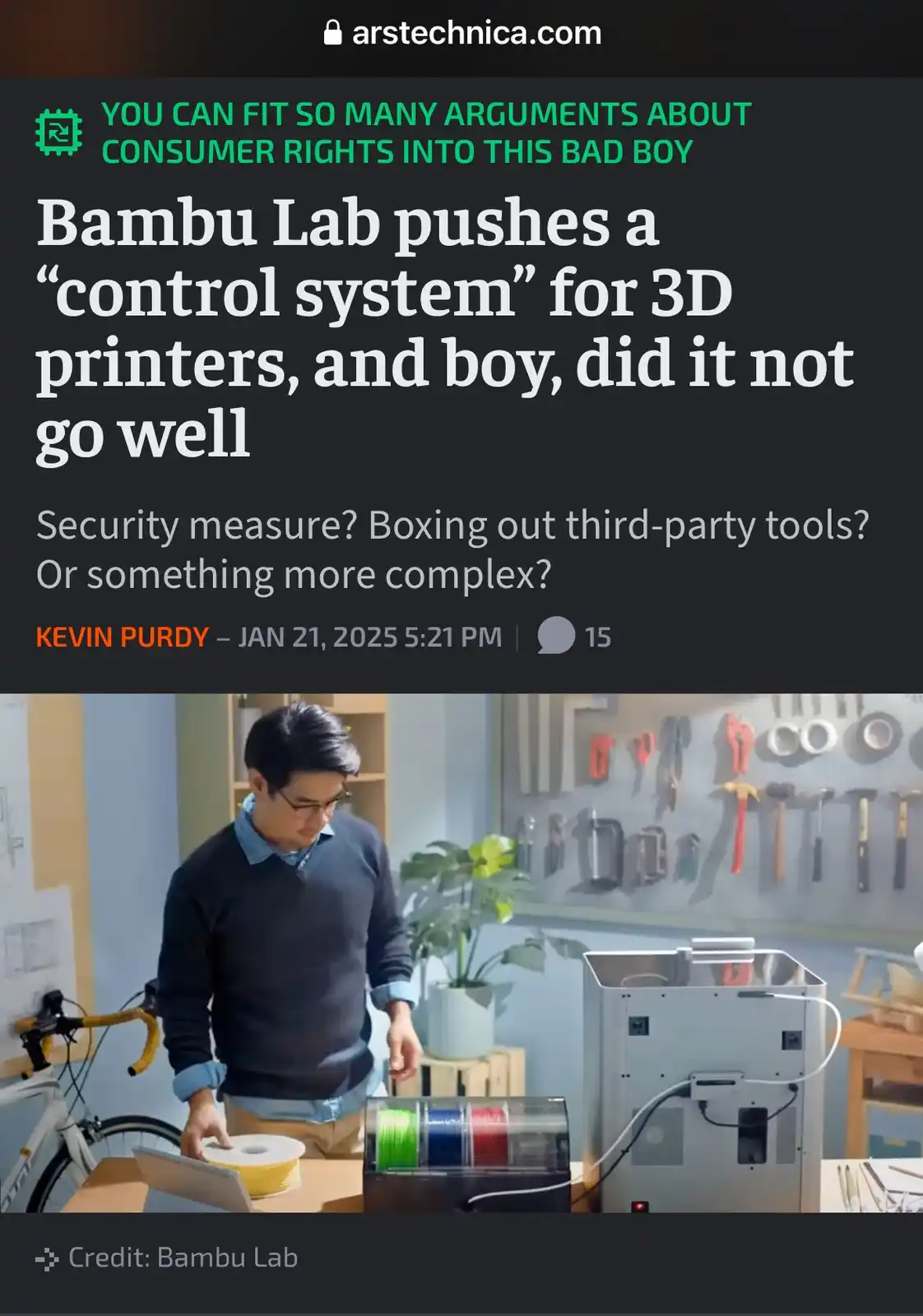 An article screenshot from arstechnica.com shows a man in a workshop with a 3D printer and spools of filament. The headline…
