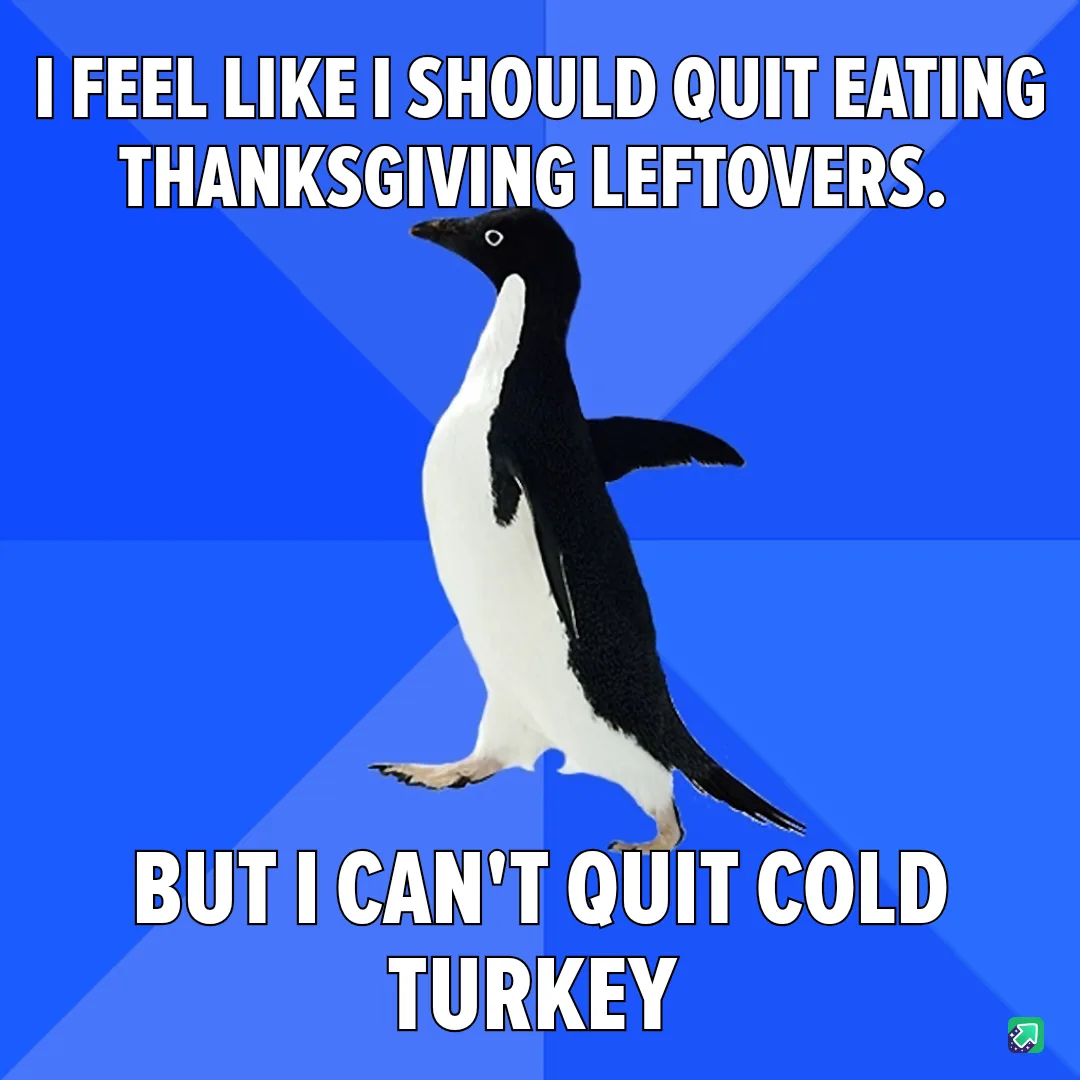 A black-and-white penguin stands against a blue background with diagonal stripes. The text above the penguin reads 'I FEEL…