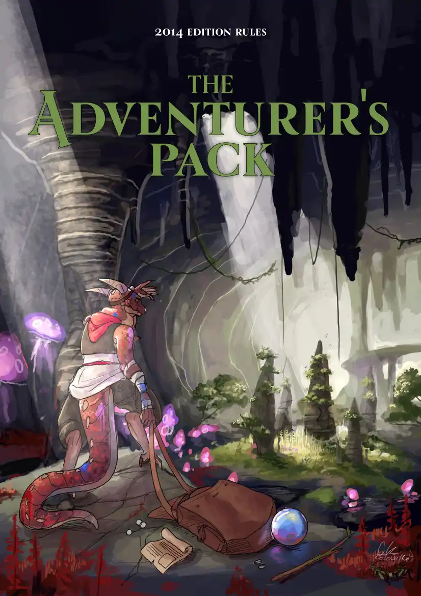 An illustrated fantasy cover titled 'THE ADVENTURER'S PACK' with '2014 EDITION RULES' at the top, depicting a reptilian…