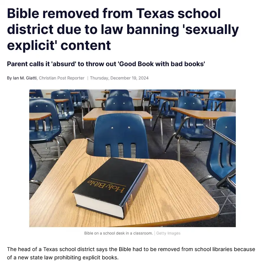 A black hardcover Holy Bible sits on a wooden school desk in an empty classroom with blue chairs. The overlaid text reads…