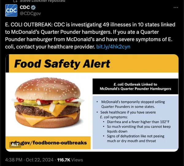 A screenshot of a CDC tweet showing a 'Food Safety Alert' graphic with a picture of a McDonald's Quarter Pounder hamburger…