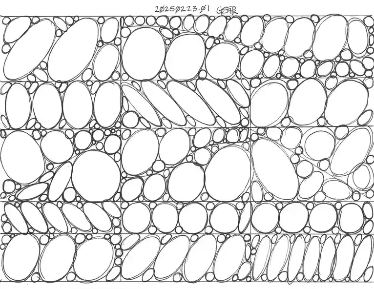 A black-and-white line drawing shows a grid of irregularly shaped, overlapping oval and circular forms resembling pebbles or…
