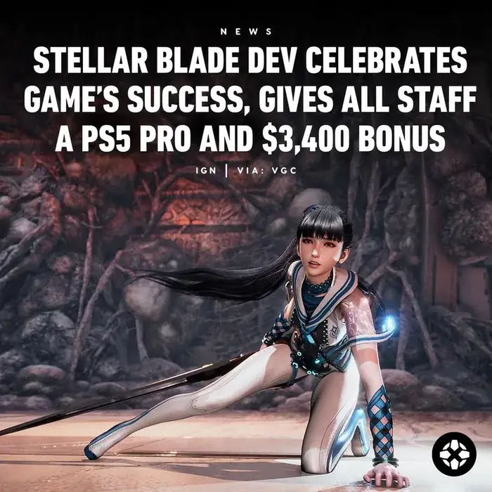A female video game character in a futuristic outfit kneels in a rocky, dimly lit environment, holding a sword. Overlaid…