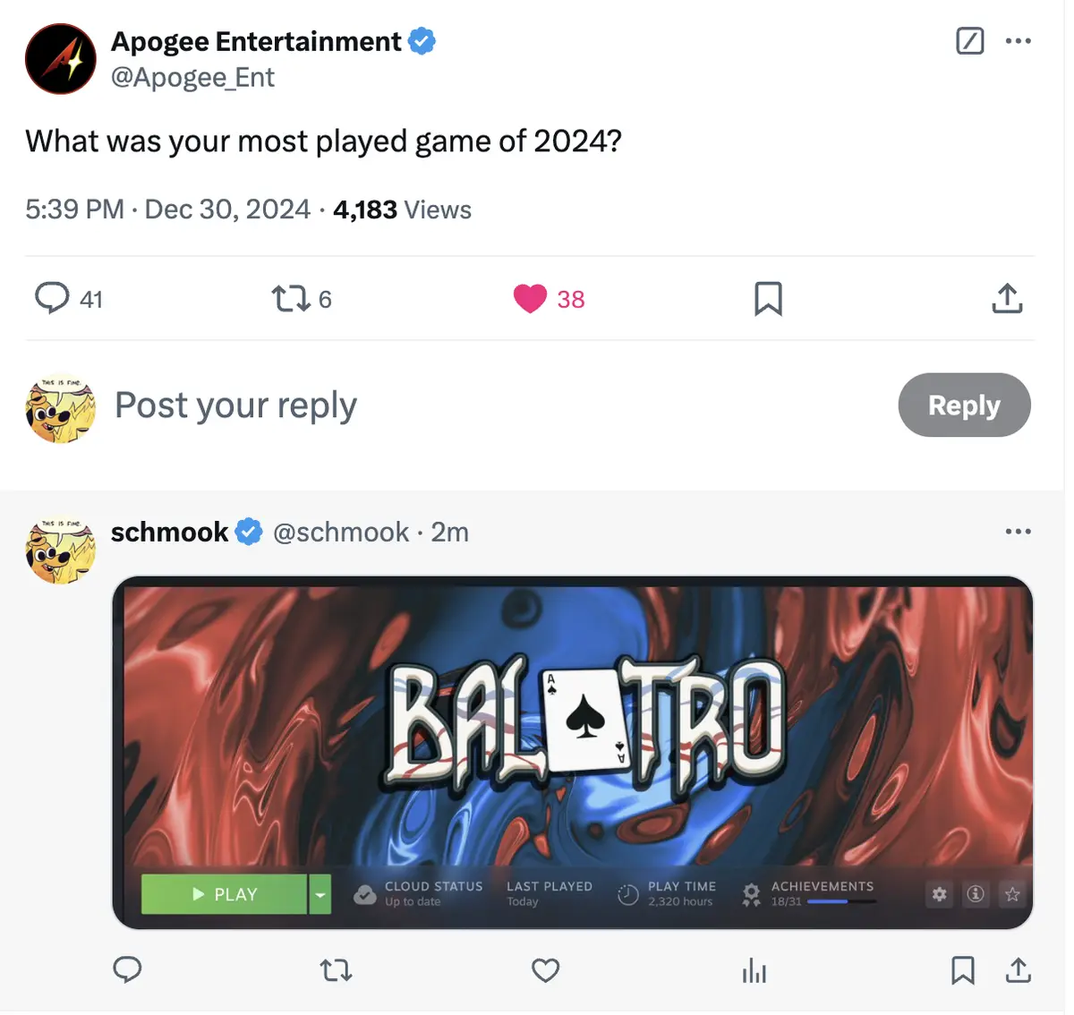 A screenshot of a Twitter thread where Apogee Entertainment asks users what their most played game of 2024 was. A user named…