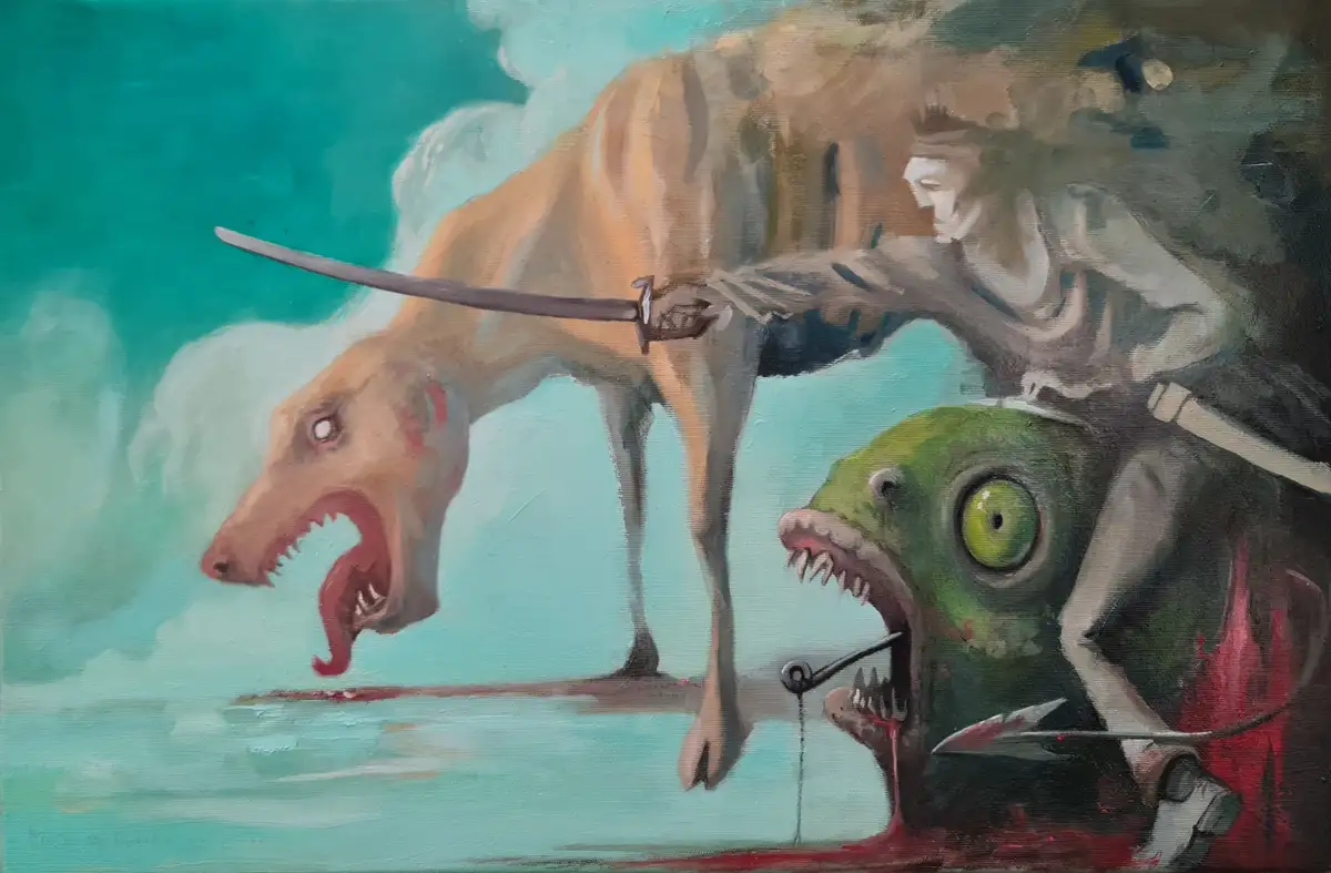 An oil painting depicts a surreal, monstrous scene where a skeletal, dog-like creature with a sword impaled through its head…