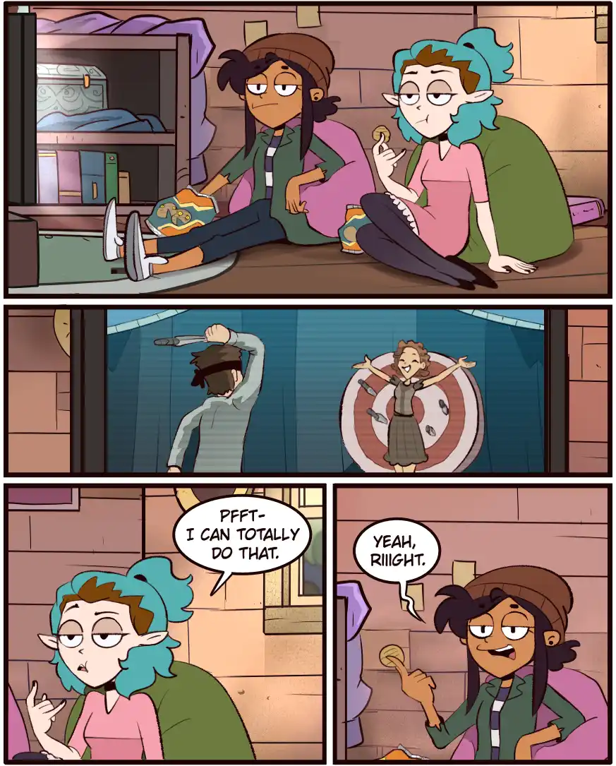 A three-panel comic strip from 'The Owl House' shows two girls watching a target practice scene. One girl confidently…